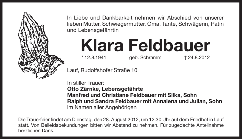  Traueranzeige für Klara Feldbauer vom 25.08.2012 aus Pegnitz-Zeitung